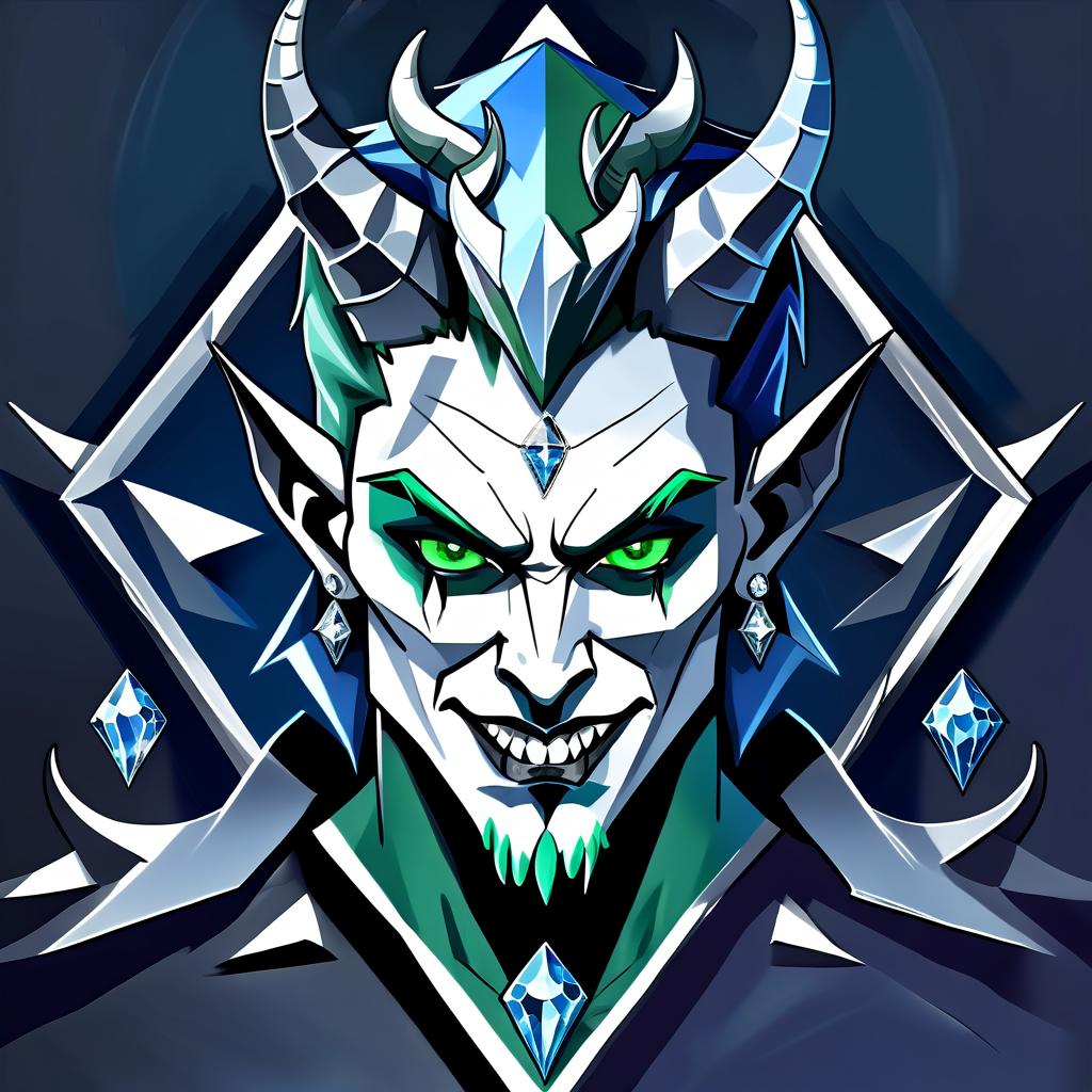  concept art diamond devil, portrait. dark green eyes, man. kind. hair gray. with fangs and horns. colors blue, blue, silver . digital artwork, illustrative, painterly, matte painting, highly detailed