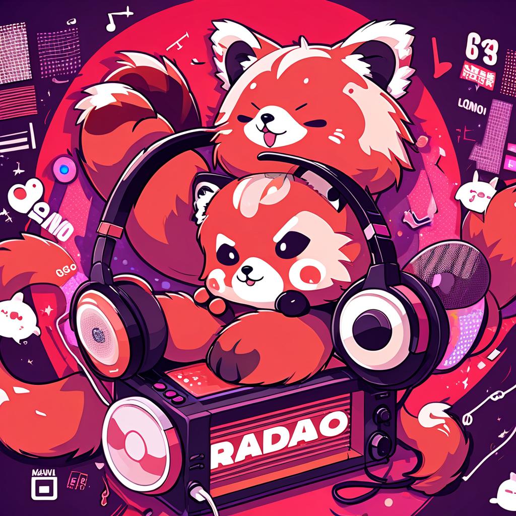  anime artwork internet radio logo, red panda, kawaii radio text . anime style, key visual, vibrant, studio anime, highly detailed