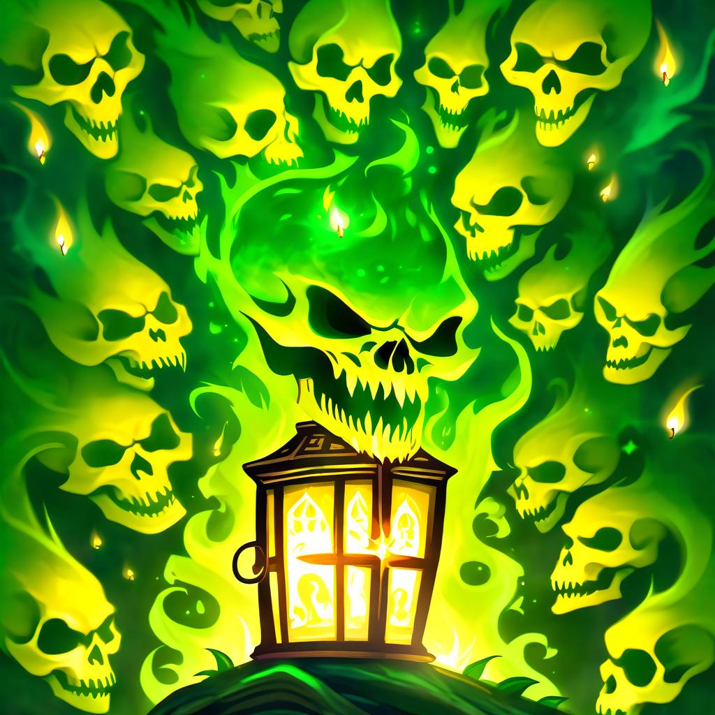  ethereal fantasy concept art of (a small lantern made of the skull and toothy jaws of some other creature). inside the skull shone a (dark green wax candle), and its warm flame not only warmed pleasantly, but also emitted (golden light) pouring through the eye sockets, nostrils, and gaps between the sharp grinning teeth. (style):fantasy, fairy tale, gothic, magic. . magnificent, celestial, ethereal, painterly, epic, majestic, magical, fantasy art, cover art, dreamy