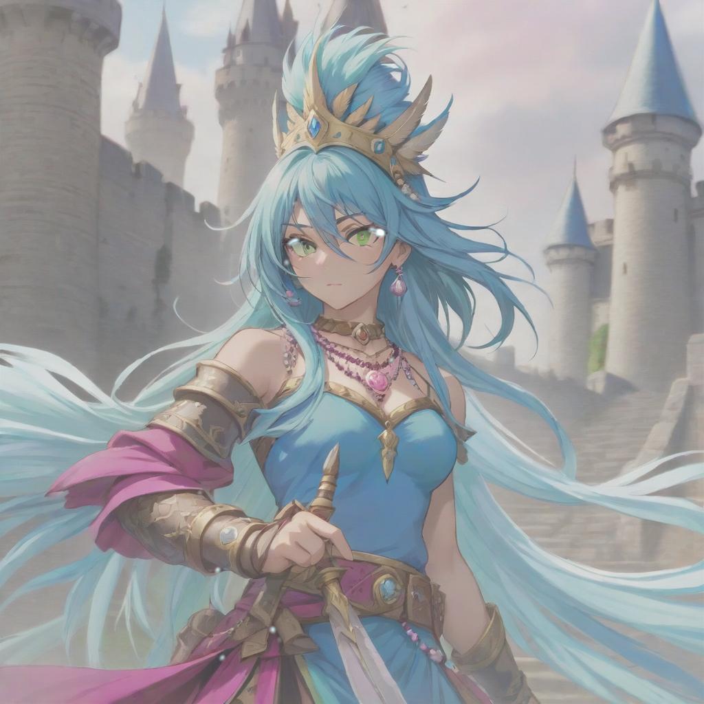  long exposure photo of portrait of strong rage amazonas lancer. lightgreen eye. long blue hair. tilting head down. magenta mantle. shoulder pad feather, accessory necklace with pearls on the forehead, against the background of the castle siege . blurred motion, streaks of light, surreal, dreamy, ghosting effect, highly detailed, sticker, hkmagic