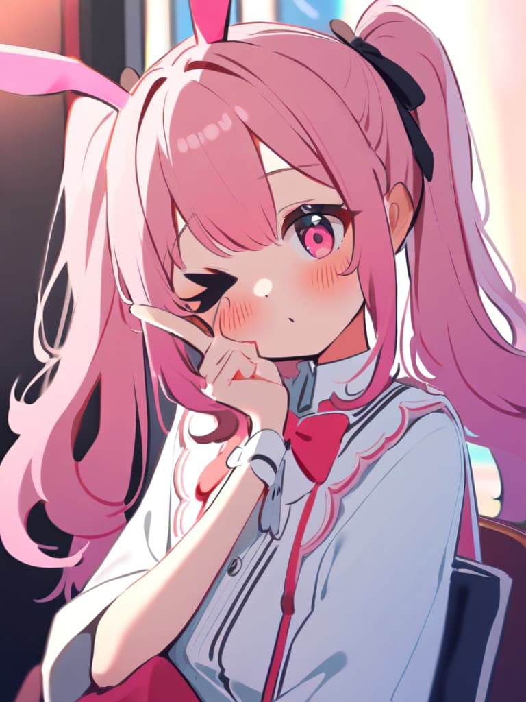  (beautiful girl:2.0)(pink hair color:2.0)(twintails:2.0)((one eye is hidden by a peace✌:2.0))( with a teheperoo😜:2.0)(( in bunny girl:2.0))(正確な指の数:2.0)masterpiece,high quality,super analysis,16k