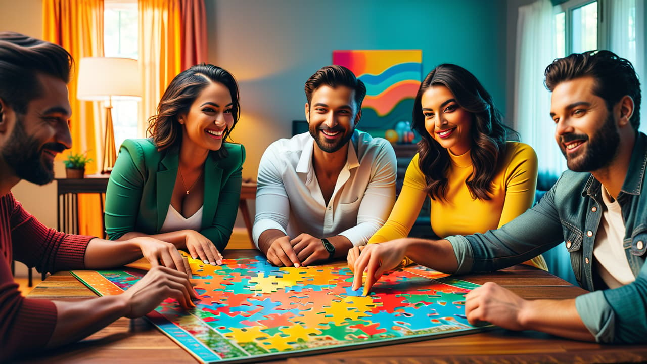  a cozy living room scene featuring a diverse group of friends enthusiastically assembling a large jigsaw puzzle on a wooden table, surrounded by colorful puzzle pieces, warm lighting, and snacks scattered around. hyperrealistic, full body, detailed clothing, highly detailed, cinematic lighting, stunningly beautiful, intricate, sharp focus, f/1. 8, 85mm, (centered image composition), (professionally color graded), ((bright soft diffused light)), volumetric fog, trending on instagram, trending on tumblr, HDR 4K, 8K