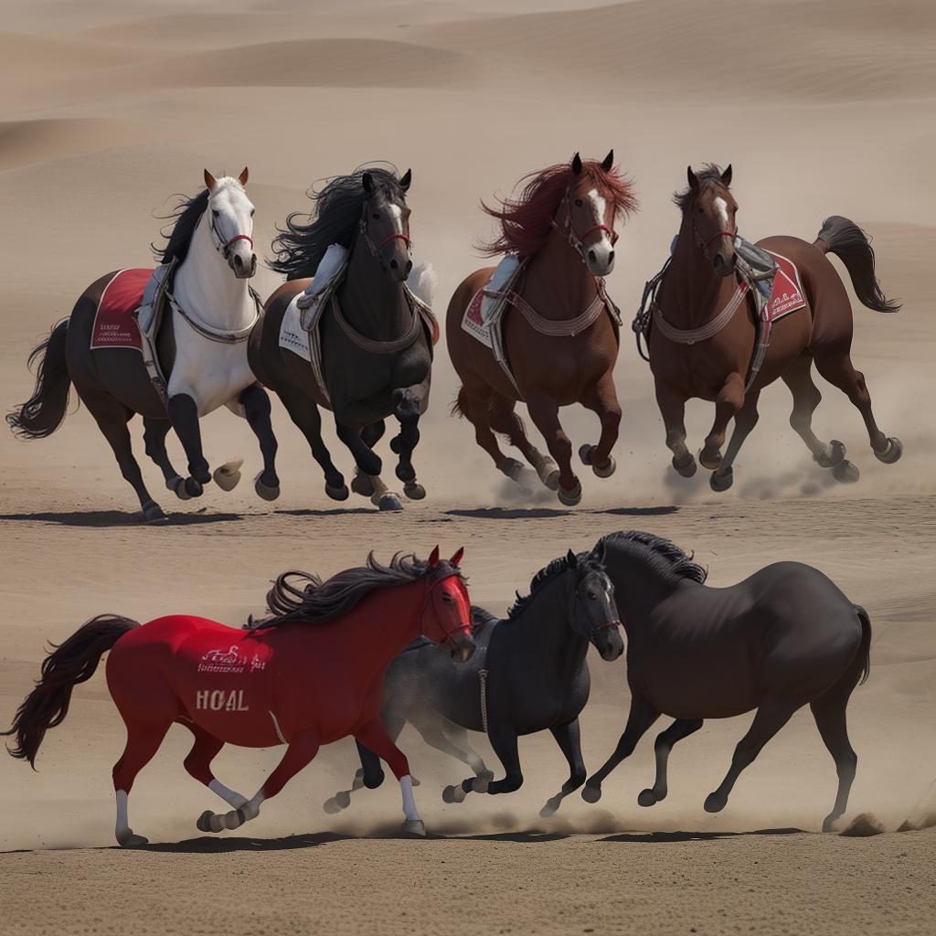  The eight horses have different appearances. They are fat and strong, lifelike and lifelike. They raise their front hooves and gallop on the desert. Dust flies under the hooves. The first horse is red, black, red, white, red and white.