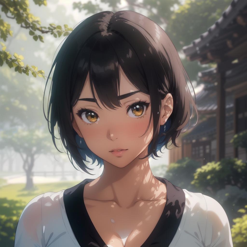  (((anime full torso frontal head shot of a light tan skin tone woman))), da eun nari cho, ((korean heritage)), immature face, brown eye color, ((short hair style)), ((black hair color)), (( body type)), small size, small size, (immature small rounded nose), (immature high cheekbones), (immature smooth jawline), (immature medium lips), (immature broad forehead), (immature natural eyebrows), (immature dimpled chin), standing straight looking directly into the camera,((wearing fitted polo shirt with deep v neck and monogrammed pocket)), backyard in background, 1girl, best quality, highest quality, award winning photo, masterpiece, raw, professional photography, photorealism, sharp focus, cinematic, high resolution, sharp hyperrealistic, full body, detailed clothing, highly detailed, cinematic lighting, stunningly beautiful, intricate, sharp focus, f/1. 8, 85mm, (centered image composition), (professionally color graded), ((bright soft diffused light)), volumetric fog, trending on instagram, trending on tumblr, HDR 4K, 8K