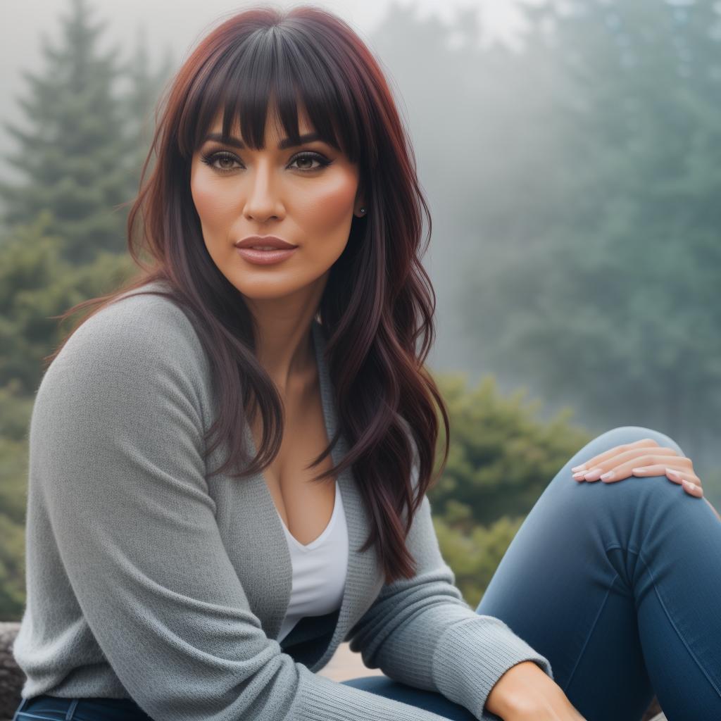  50 woman with bangs posing for play magazine hyperrealistic, full body, detailed clothing, highly detailed, cinematic lighting, stunningly beautiful, intricate, sharp focus, f/1. 8, 85mm, (centered image composition), (professionally color graded), ((bright soft diffused light)), volumetric fog, trending on instagram, trending on tumblr, HDR 4K, 8K