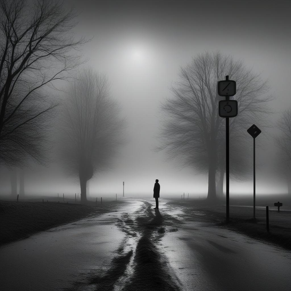  a black and white picture of a lone figure standing at a crossroads in a foggy landscape, one path brightly lit, the other fading into darkness. the contrast of light and shadow emphasizes the tension of indecision, with a distant clock subtly fading into the background to symbolize lost time and missed opportunity.