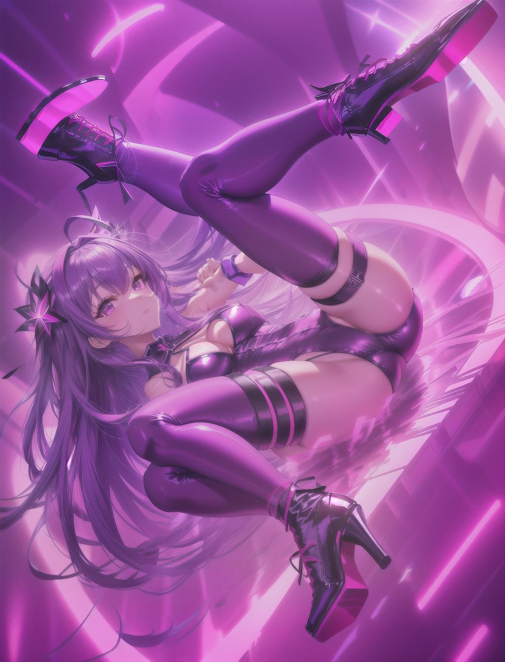  masterpiece, best quality, solo, long purple hair, neon purple eyes, thigh highs, heels, bunny female suit, red neon light background, colorful