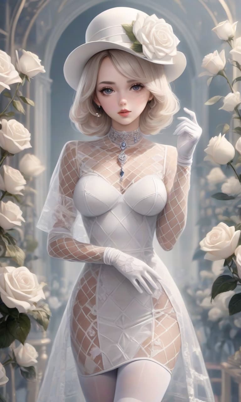  the girl is beautiful in a white tight transparent dress with patterns, white tights in a grid, white gloves with patterns, a white diamond necklace, a white hat with a white rose. elegant aristocrat, realistic body, realistic clothes.