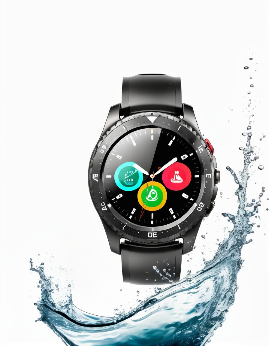  smart watch on a white background, around water splash, film photography style