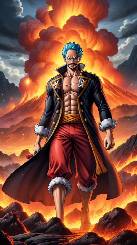  one piece, admiral akainu emerging from a sea of molten lava, eyes burning with fury, anime art hyperrealistic, full body, detailed clothing, highly detailed, cinematic lighting, stunningly beautiful, intricate, sharp focus, f/1. 8, 85mm, (centered image composition), (professionally color graded), ((bright soft diffused light)), volumetric fog, trending on instagram, trending on tumblr, HDR 4K, 8K