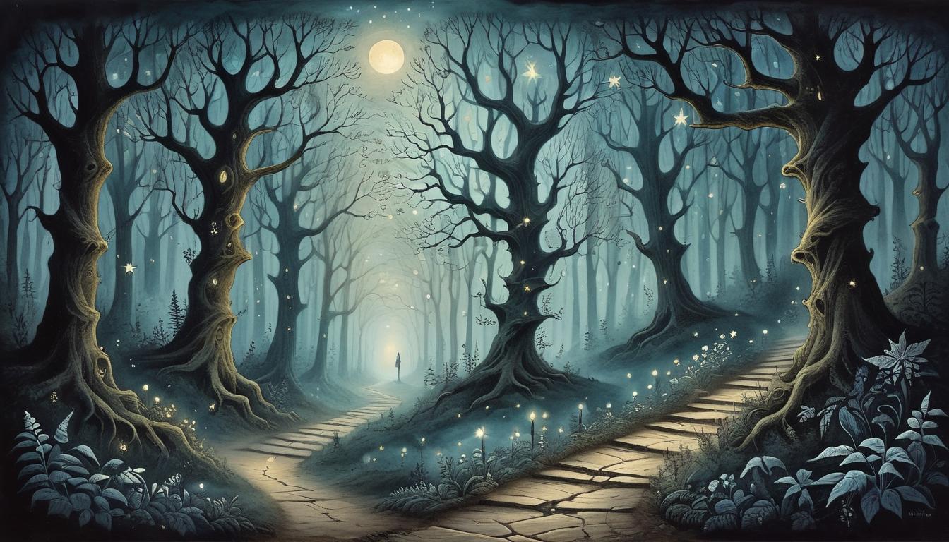  on parchment, surrealism+++, twisting path through a dark, ethereal forest, stars glimmering through the canopy, sense of direction, purposeful steps, enigmatic journey, celestial guidance, destined route.(mysterious, provocative, symbolic,muted color)+++