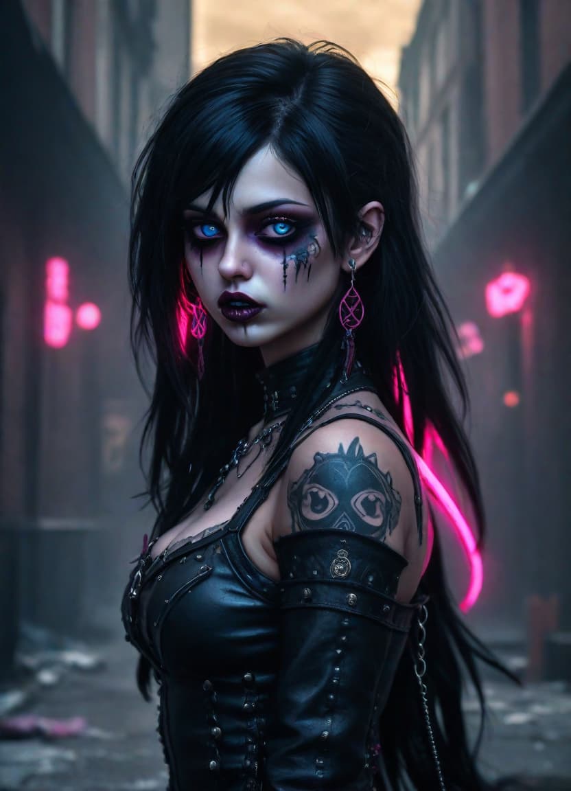  () () (high quality) (masterpiece), (best quality), (ultra detailed), , , goth , half head, long black hair, black lip piercings, black nosering, glowing eyes, slender with average height and bust, flirty, waving, , one eye neon pink, one eye neon blue, pink smoke coming from right eye, blue smoke coming from left eye, head on one side, , mischievous, crazy, insane, possessed, magic, bully, head, highly detailed, high resolution, detail enhancement, hdr, sharp focus, ultra detailed, perfect lighting, detailed eyes, perfect composition, detailed skin, intricate details, high quality, high details, hd, perfect composition, 4k epic detailed, highly detailed, sharp focus, high resolution