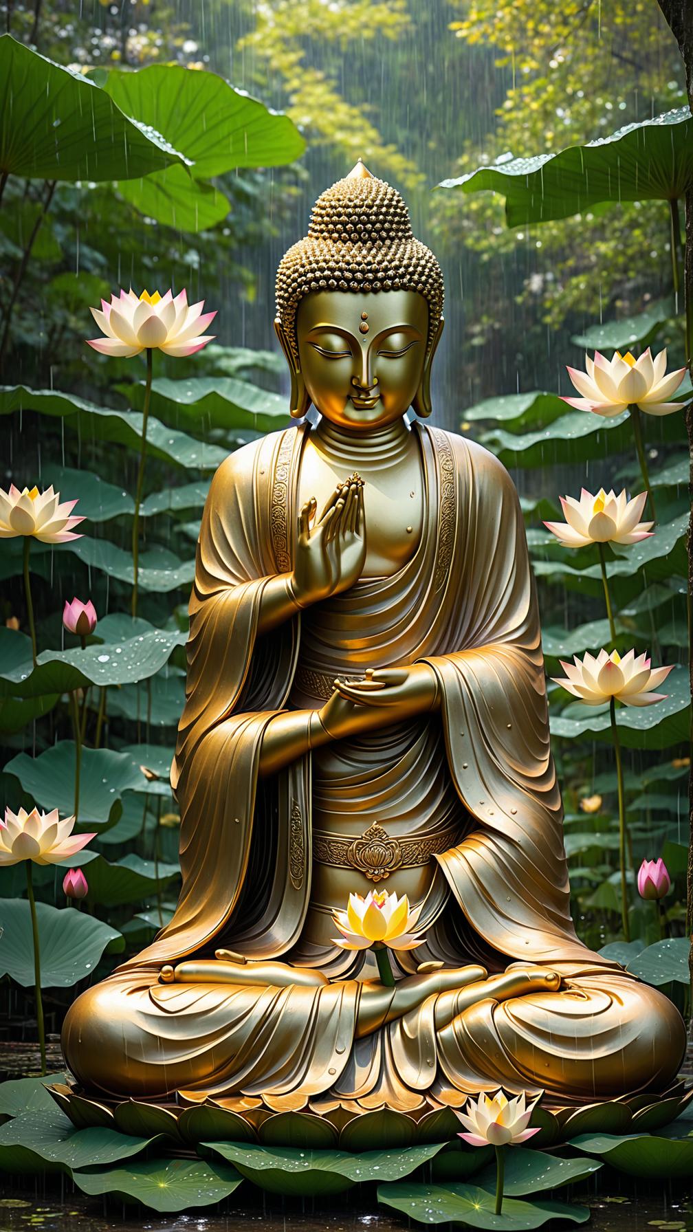  buddha statue, peaceful garden, rain falling, lotus flowers, meditation pose, golden aura, traditional attire, serene expression, surrealistic fantasy art, art station, golden ratio, hdr lighting, extreme close up, ee 70mm lens, front view, highly detailed, best quality, 4k, raw photo