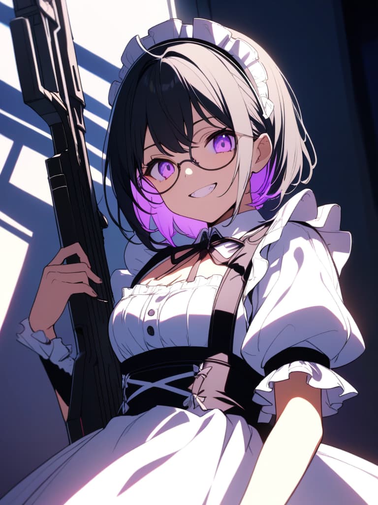  ((maid,maid outfit,black hair,glasses,round glasses,fearless smile,double teeth,grinning,combat maid,holds a sniper,purple inner color,purple eyes,beautiful,cool,beautiful girl))、ultra detailed,best shadow,cute and beautiful face,(masterpiece:1.2),(best quality:1.2),detailed background,high contrast,(best illumination,an extremely delicate and beautiful),((cinematic light)),hyper detail,dramatic light,intricate details,8k,anime,very aesthetic