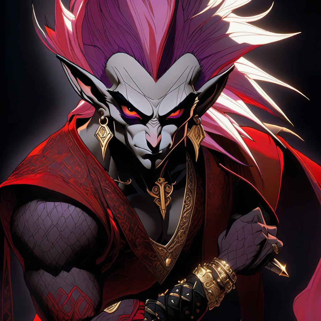  manga style dark elf male rock performer marble white skin, purple scarlet hair, lavender eyes with a red tint, dressed in a red violet shirt embroidered with red gold over the shirt wears , hairstyle in the style of hedgehog hair. an earring in ear, in the shape of a month. the crescent moon tattoo . vibrant, high energy, detailed, iconic, japanese comic style hyperrealistic, full body, detailed clothing, highly detailed, cinematic lighting, stunningly beautiful, intricate, sharp focus, f/1. 8, 85mm, (centered image composition), (professionally color graded), ((bright soft diffused light)), volumetric fog, trending on instagram, trending on tumblr, HDR 4K, 8K