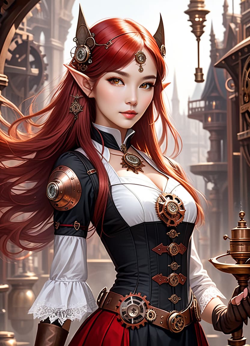  steampunk style genazi air, age girl stands full height, korean, , perfect skin, long hair, flat bangs, elven ears, scarlet long hair, air magician, sorcerer, , dress white, small , fully body, slim legs, show fullness all body with legs, 8k,hdr, masterpiece, hyperrealisme, extreme detalied, . antique, mechanical, ss and copper tones, gears, intricate, detailed, perfecteyes