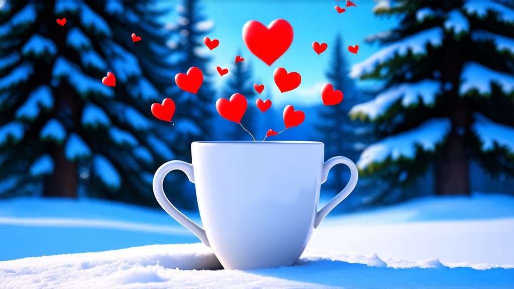  coffee cup with hearts flying out of it standing on snow, snowy forest background, digital art, hyper realistic photography, very beautiful, highly detailed cute, high quality photos, high quality, beautiful wallpaper ar 16:9 {prompt}, maximum details