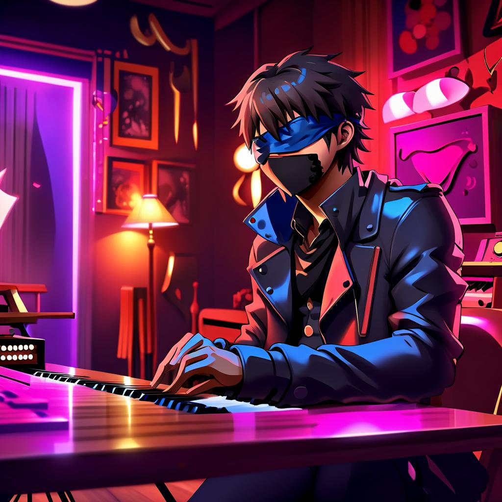  anime artwork musician with a blindfold, thoughtfully sitting at a table, against the background of a cozy room with musical instruments . anime style, key visual, vibrant, studio anime, highly detailed, hkmagic