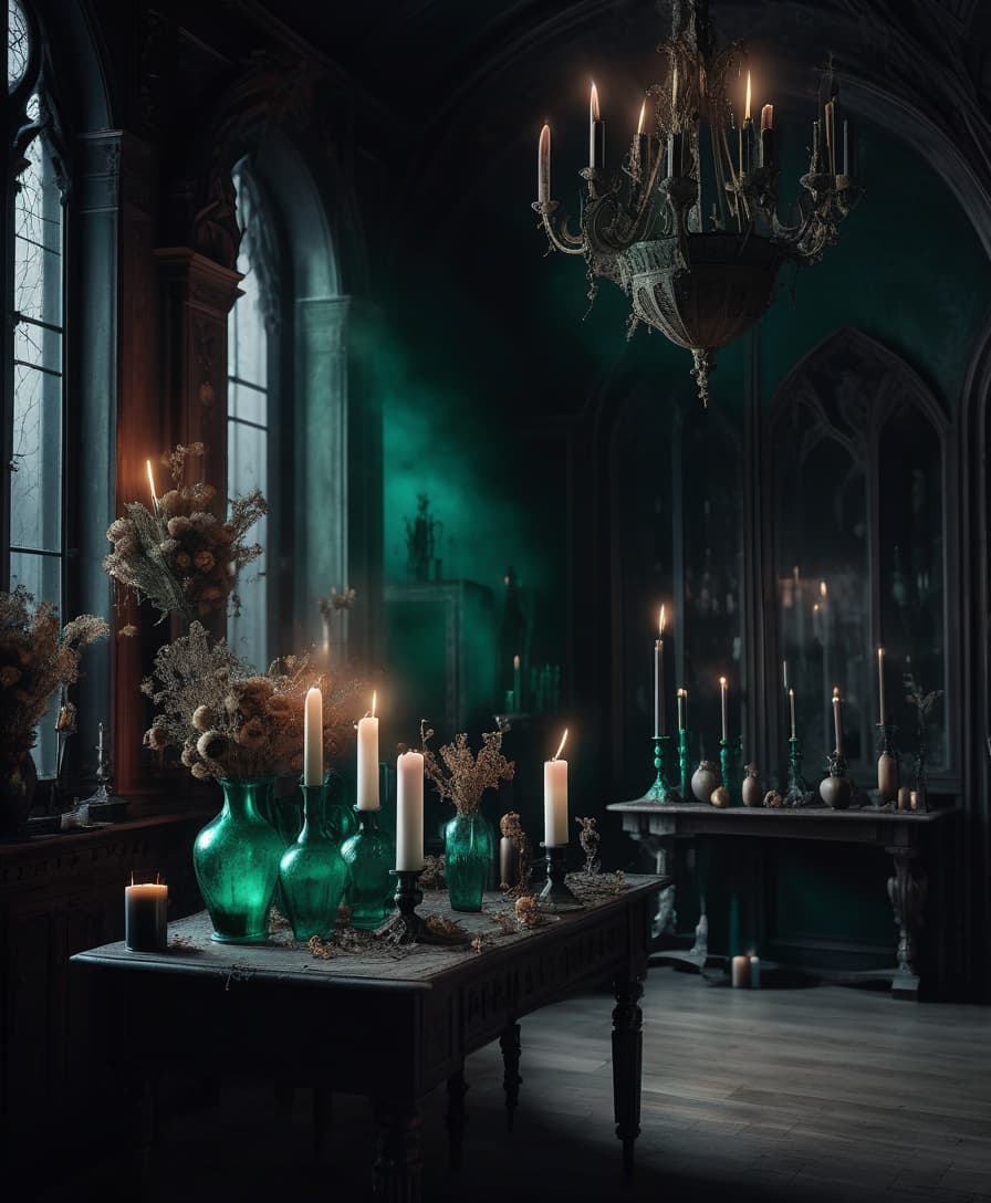  gothic style the dark room. wooden furniture in classic style. dried flowers in emerald vases. candle lights. web and dust. no lighting. the moon outside . dark, mysterious, haunting, dramatic, ornate, detailed