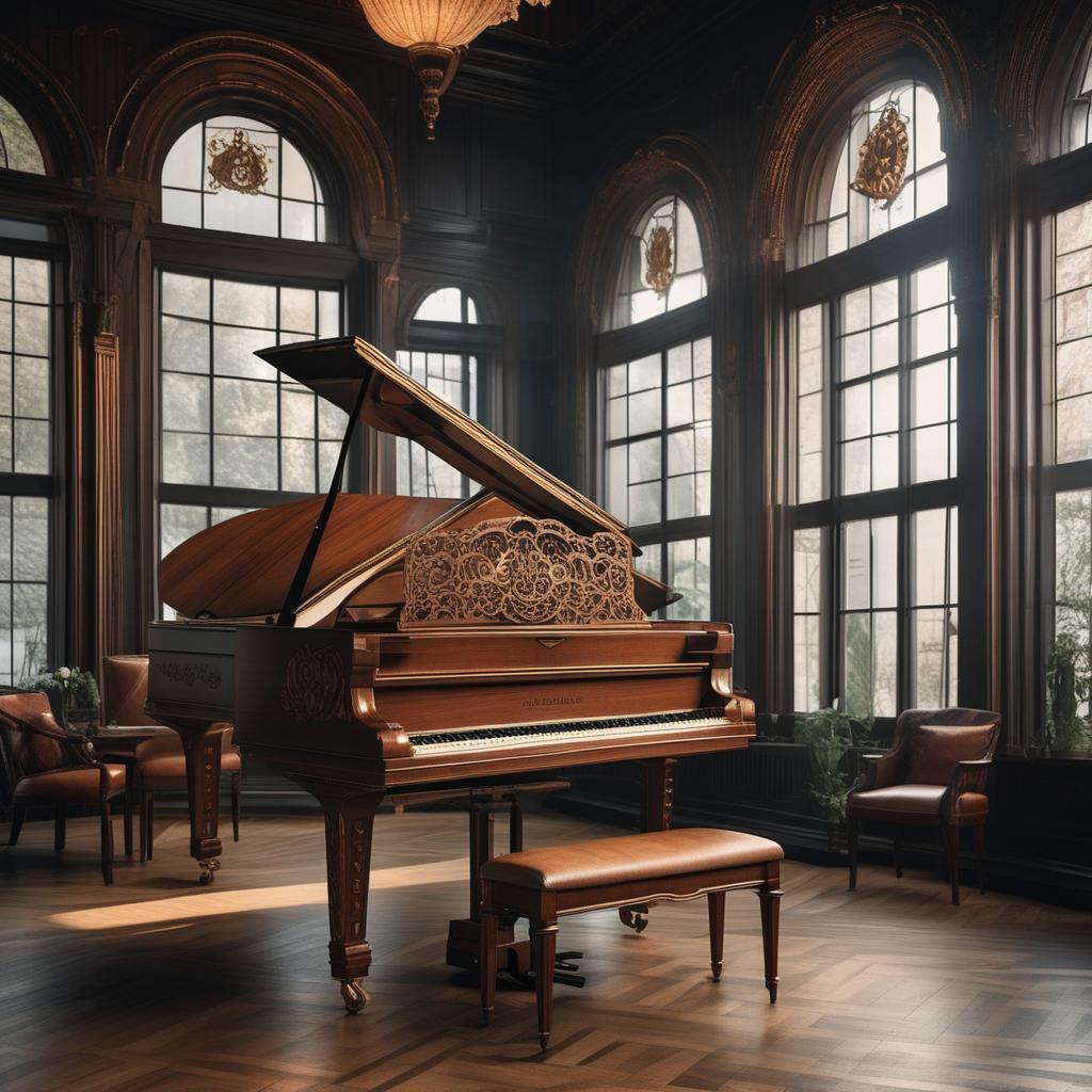  beautiful grand piano in the style of an elegant, intricate design, detailed woodwork and engravings hyperrealistic, full body, detailed clothing, highly detailed, cinematic lighting, stunningly beautiful, intricate, sharp focus, f/1. 8, 85mm, (centered image composition), (professionally color graded), ((bright soft diffused light)), volumetric fog, trending on instagram, trending on tumblr, HDR 4K, 8K