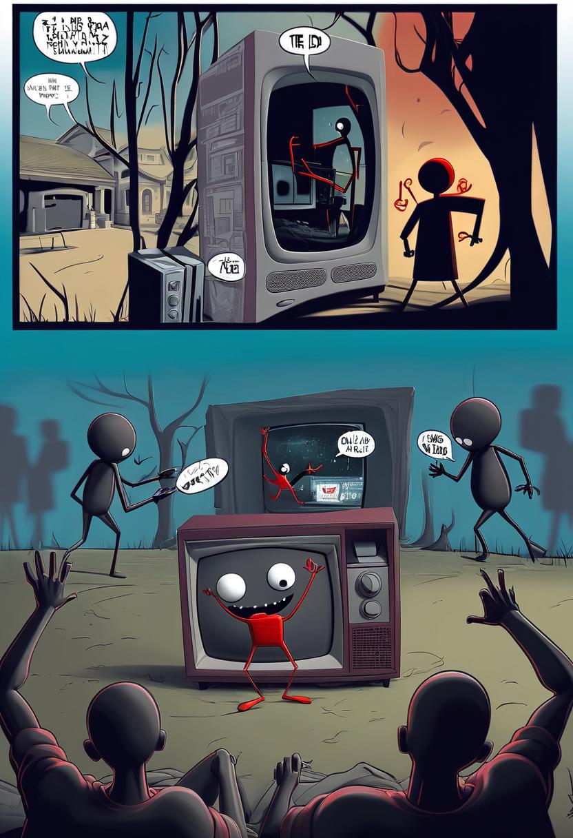  the red stickman runs at us with the tv in his hand