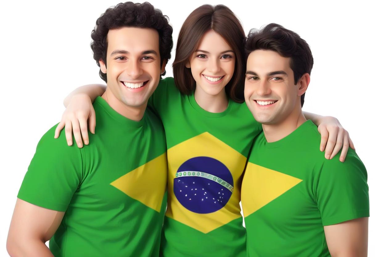  a group of smiling friends wearing green shirts with the flag of brazil on it