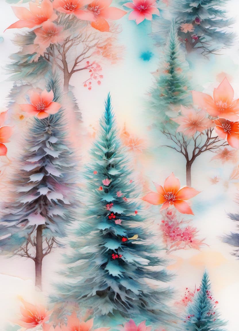  fairy tale christmas trees with cones, salmon in a kimono, (double exposure: 1.4). (soft textured paper). alcohol ink of (bright) flowers. the incompleteness effect. tenderness of watercolors, winter, delicate colors. thin white lines. emotion. light relief pattern. . magical, fantastical, enchanting, storybook style, highly detailed