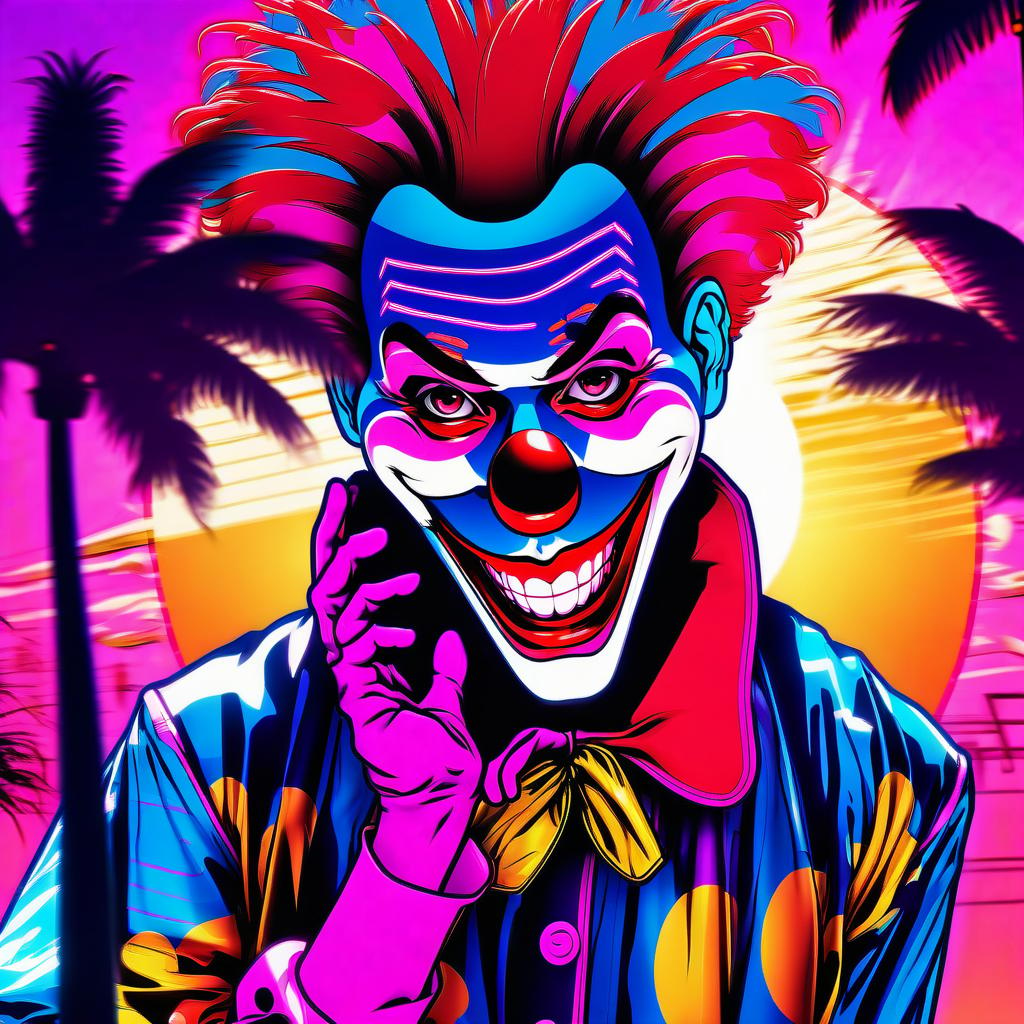  manga style retrowave clown standing right to the car, retrowave sun, retrowave palm tree, retrowave billboard . vibrant, high energy, detailed, iconic, japanese comic style