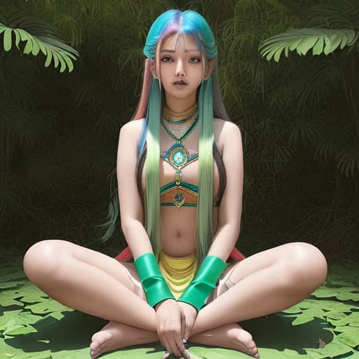  a 28age indian lady her hair rainbow color and she sitting in the circle it was covered by green leaves and she show sex positions so spicy positions like sitting lying