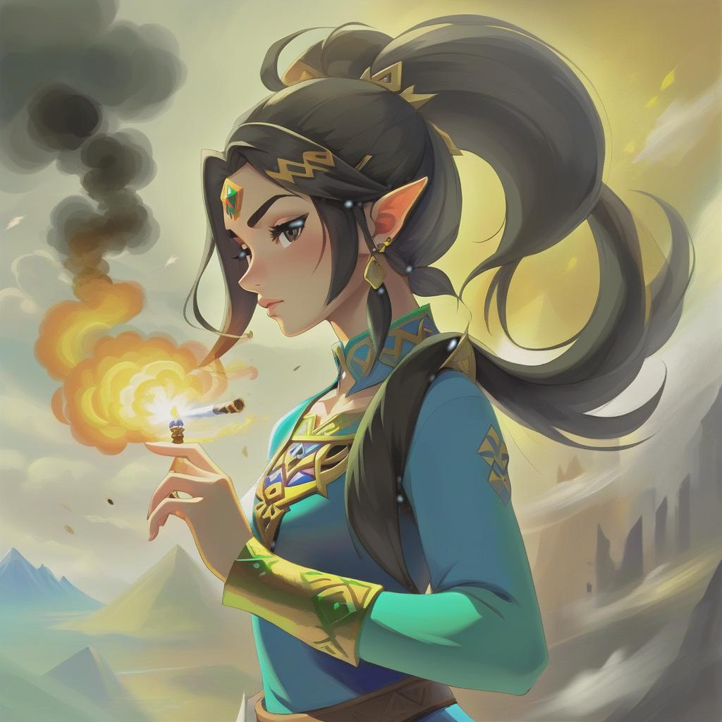  legend of zelda style a woman with black gold hair and a ponytail is blowing smoke into her hair and looking down at her hand, trending on art station, fantasy art, a digital painting . vibrant, fantasy, detailed, epic, heroic, reminiscent of the legend of zelda series, hkmagic, oil painting