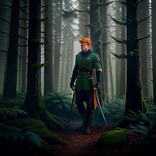  A young man with orange hair, which is braided into a tail, stands in the woods with a sword in his hands. Fog surrounds him and the eyes of the man glow green in the mist., smooth , warm , cozy , by Chris Burkard , Alex Strohl , Elia Locardi , Benjamin Hardman , Lauren Bath hyperrealistic, full body, detailed clothing, highly detailed, cinematic lighting, stunningly beautiful, intricate, sharp focus, f/1. 8, 85mm, (centered image composition), (professionally color graded), ((bright soft diffused light)), volumetric fog, trending on instagram, trending on tumblr, HDR 4K, 8K
