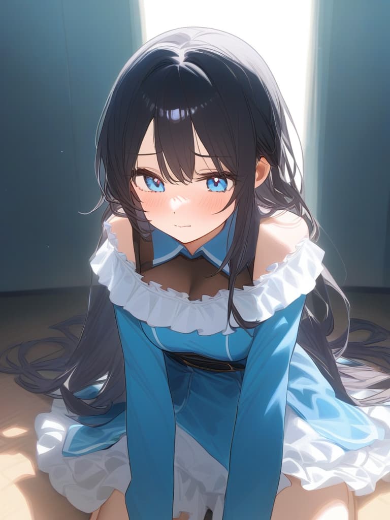  cute face focus,cute,black hair,light blue eyes,cute posing,frill onepiece,long hair,adult,shy