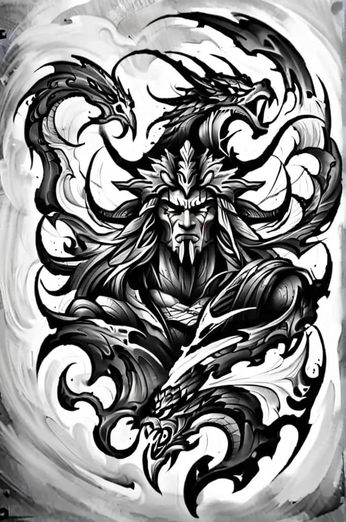  tree of life, japenese warrior, clouds, monster, (tattoo sketch:1.25)