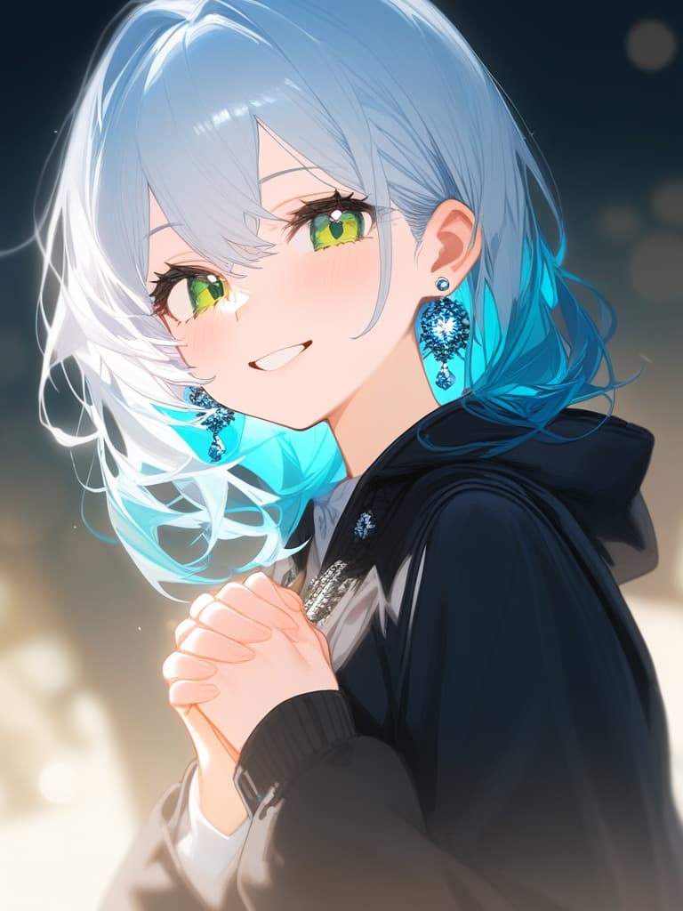  from front,1girl,best quality,(gradation hair:1.3),white hair,blue hair,masterpiece,(black parka:1.3),(((own hands together))),bob,(earrings:1.3),joyful,(endearing smile),looking at the camera,close up,green eyes,