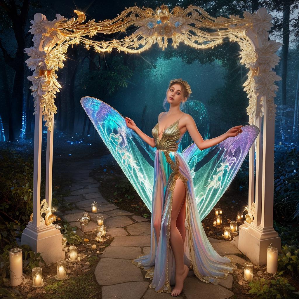  Create a fantasy scene featuring a beautiful fairy with iridescent wings standing in a magical forest. The fairy is dressed in an elegant, sparkling gown adorned with intricate designs. She stands on a stone pathway surrounded by glowing butterflies and mystical lights. The background includes an archway with golden, ethereal lights and magical particles floating in the air. The atmosphere is enchanting and otherworldly, with a mix of soft blues and golden hues illuminating the scene