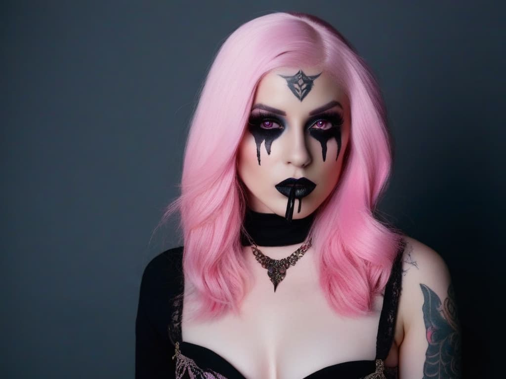  4 age women,full body shot portrait horrifying scary pale long pink hair ,full white eyes, black lips, black dripping eyeshadow tattoos,in pink cotton with pink trim