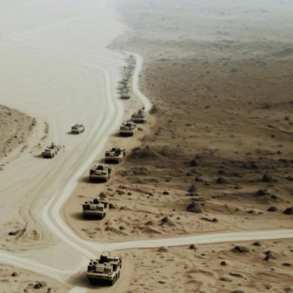  pixel art a desert in afghanistan. a sandy road, a column of military equipment moves along the road. a bird's eye view. . low res, blocky, pixel art style, 8 bit graphics