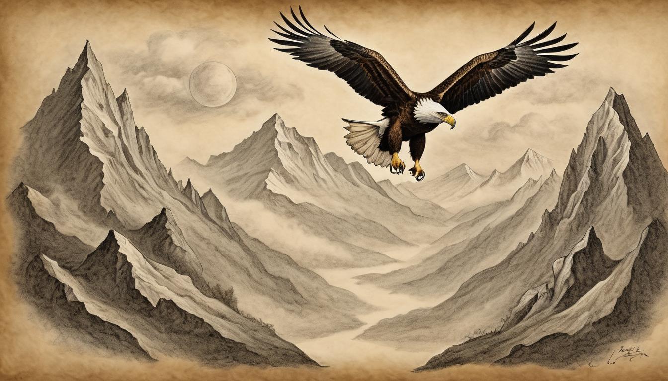  on parchment, surrealism++, towering mountain peaks, reaching towards ethereal skies, majestic eagles soaring, heights, destiny(mysterious, provocative, symbolic)++