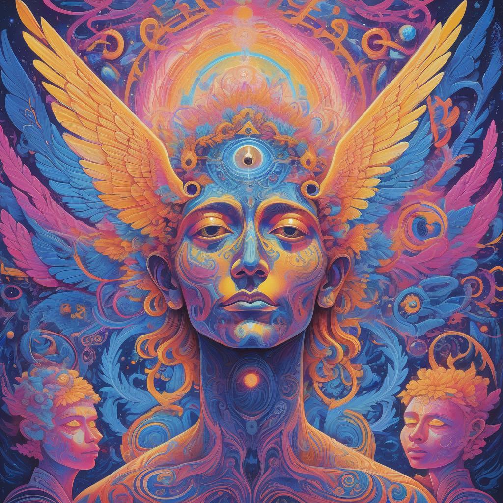  a vibrant, psychedelic artwork depicts a serene human face with a third eye on the forehead. the face is surrounded by intricate, swirling patterns in neon colors of blue, pink, orange, and yellow. angelic figures with wings, ethereal beings, and abstract shapes flow around the head, creating a dynamic and otherworldly atmosphere. the overall imagery suggests a transcendental or spiritual experience.