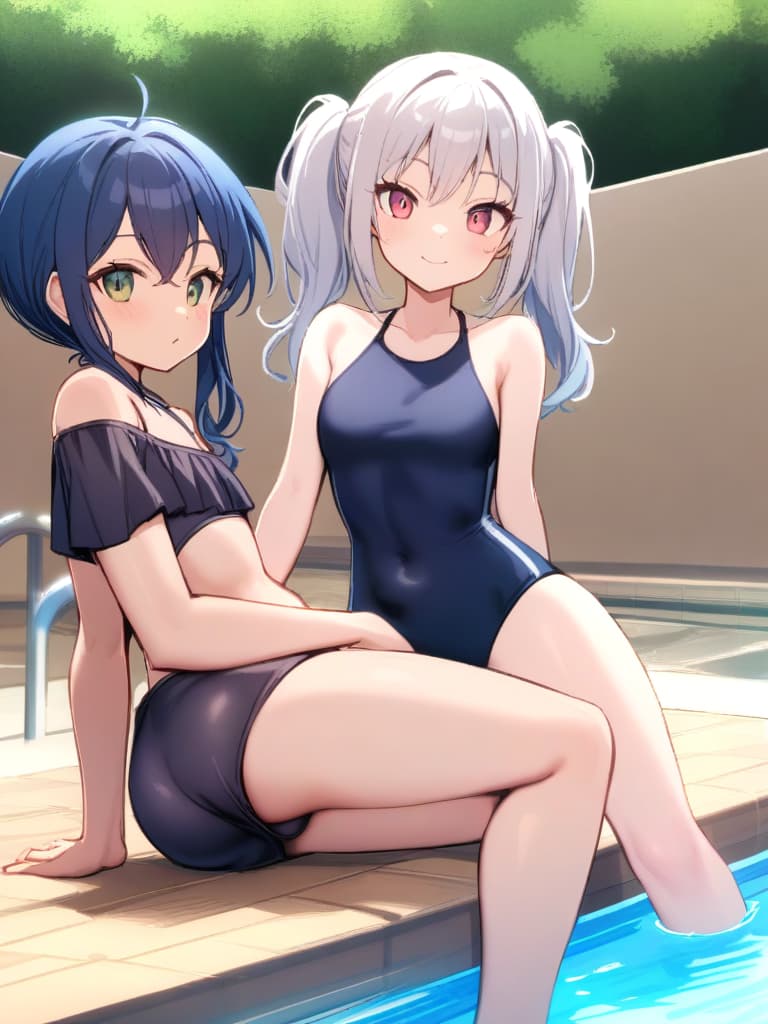  women's elementary students, twin tails, cute smiles, rich s, low stages, dark blue swimwear, old swimwear, swimwear, male, male, shaped clear , shaped clear phimosis, sharp stiff, male bulge, , front, whole body, pool side,