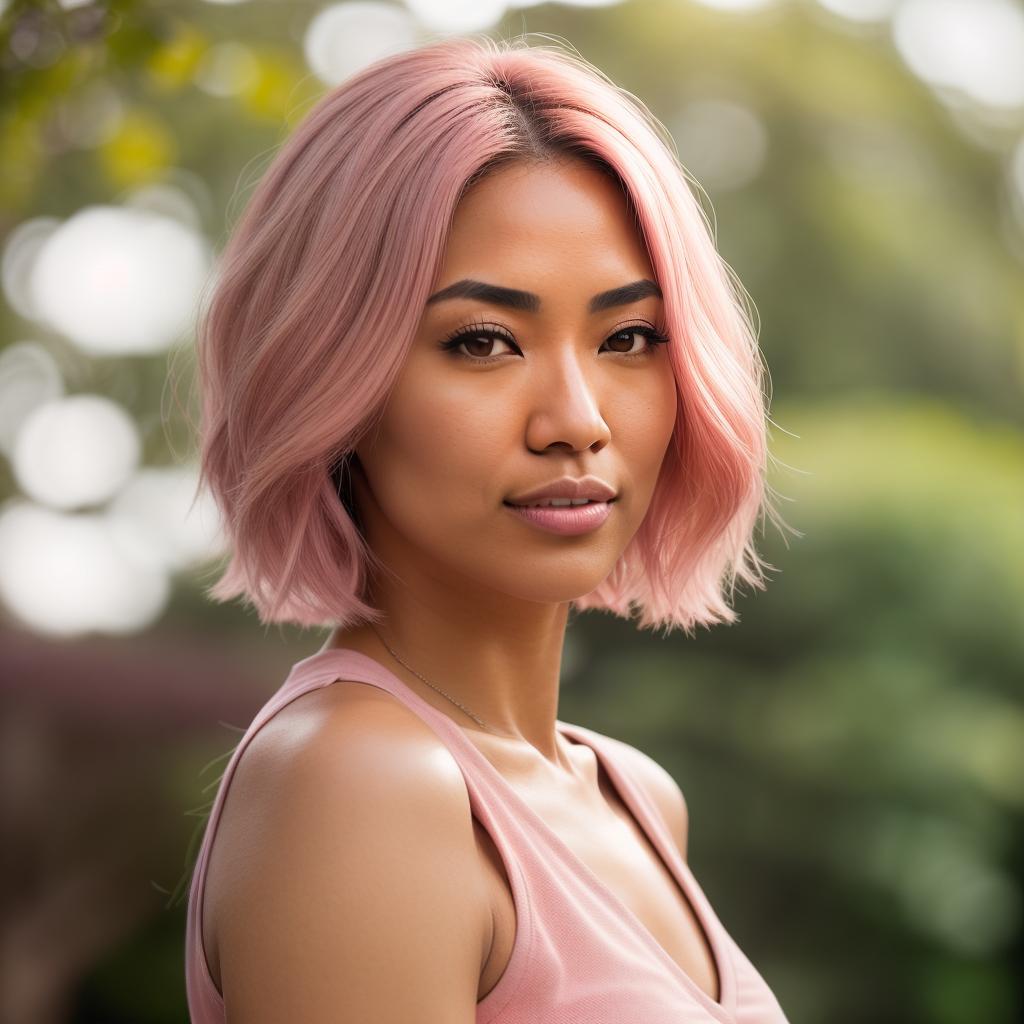  (((realistic full torso frontal head shot of a light tan skin tone woman))), kaede nana abe, ((japanese heritage)), immature face, hazel eye color, ((bob hair style)), ((pink hair color)), ((skinny body type)), medium size, athletic size, (immature small straight nose), (immature defined cheekbones), (immature soft jawline), (immature full lips), (immature low forehead), (immature arched eyebrows), (immature smooth chin), standing straight looking directly into the camera,((wearing fitted polo shirt with deep v neck and monogrammed pocket)), backyard in background, 1girl, best quality, highest quality, award winning photo, masterpiece, raw, professional photography, photorealism, sharp focus, cinematic, high resolution, sha hyperrealistic, full body, detailed clothing, highly detailed, cinematic lighting, stunningly beautiful, intricate, sharp focus, f/1. 8, 85mm, (centered image composition), (professionally color graded), ((bright soft diffused light)), volumetric fog, trending on instagram, trending on tumblr, HDR 4K, 8K