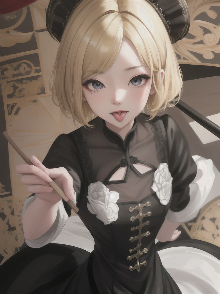  high angle shot,POV,upturned eyes,so cute,short blonde hair,Stick out tongue,black china dress, masterpiece, best quality,8k,ultra detailed,high resolution,an extremely delicate and beautiful,hyper detail