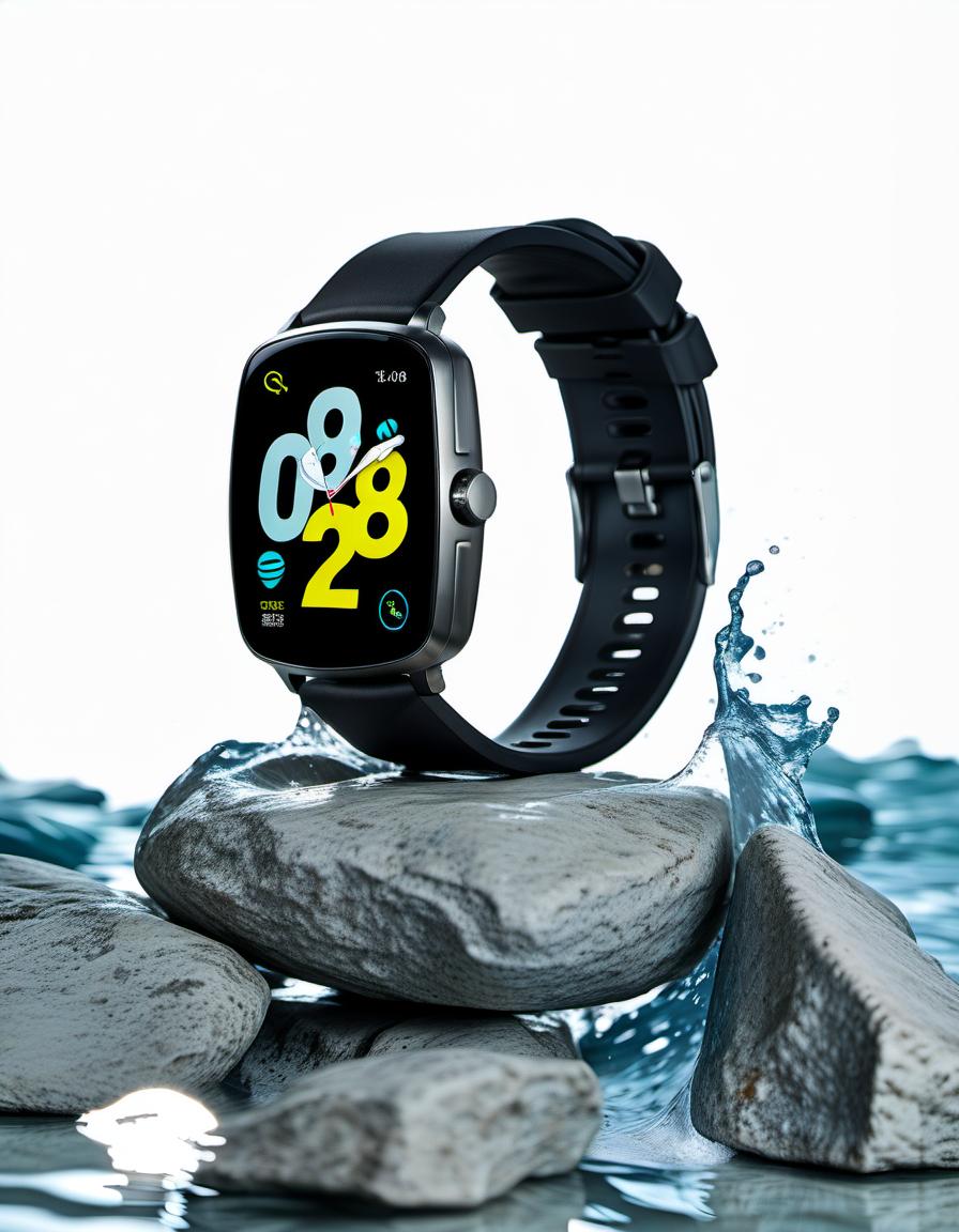  smart watch on stone, around water splash, light background, film photography style