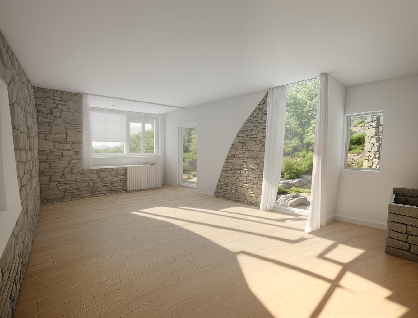  create a photorealistic image of a minimalist room with a stone wall and a large window. the stone wall should add texture and depth to the clean, modern design, while the window brings in natural light, enhancing the room's airy feel.