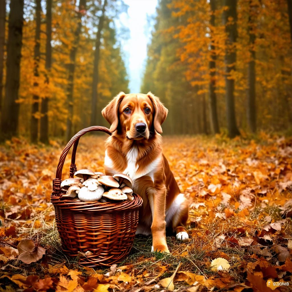  amazing high resolution photos of a hunting dog sitting by a wicker basket full of mushrooms against the backdrop of an autumn forest on a sunny day. hobbies {prompt}, maximum details