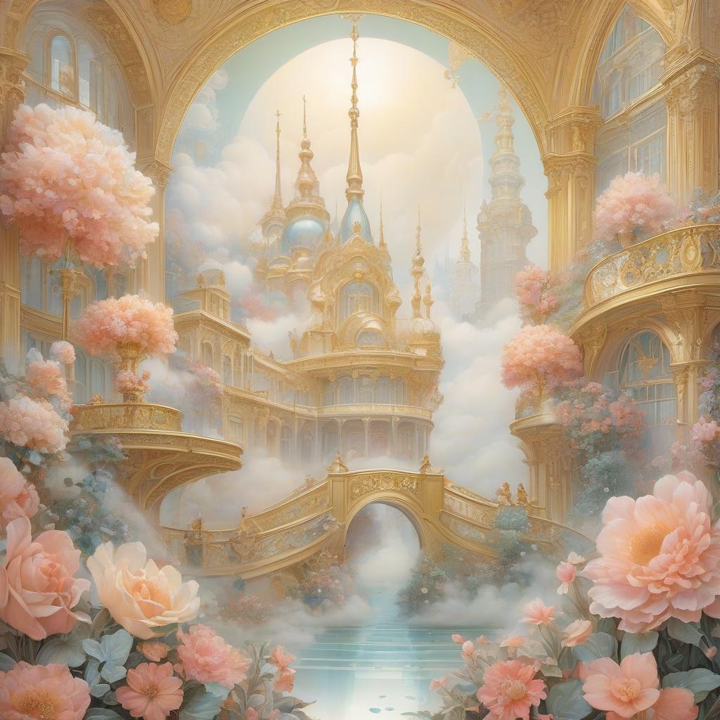  fog city. golden city. a large palace surrounded by clouds. coloring book. flowers. pearls. luminous pearls. alfonso mucha, honoré fargonard, edward gow, andrew jones.