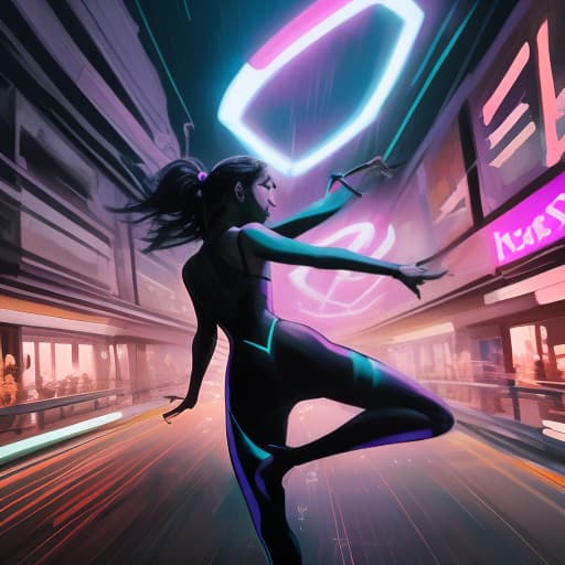  a climbing over a fence in a modern city during twilight, dressed in fashionable party clothes. her hair is styled in a trendy id or a sleek ponytail. in the background, neon signs and lights illuminate the way to a distant nightclub, where the beats of modern dance music can be felt. the scene is filled with energy, youth, and freedom. the style should resemble modern dance track covers: bright colors, high contrast shadows, and gradient effects to evoke a sense of motion and rhythm. sketch of a flat oil painting, watercolor