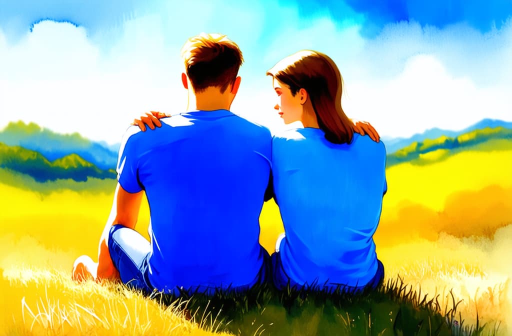  artwork couple a man and a woman sit together bowing their heads on their shoulders and looking into the distance at a beautiful view relationships outdoor recreation dream travel family ar 2:3 ar 3:2, watercolor techniques, featuring fluid colors, subtle gradients, transparency associated with watercolor art