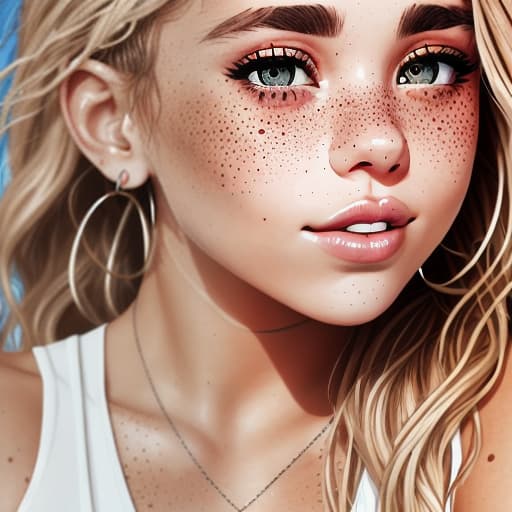  Charly Jordan, a close up of a woman with a white tank top and earrings, white tank top, white halter top, young woman, white long tanktop, broad, beautiful young woman, with dyed hair, beauty mark on cheek, beautiful , a gorgeous , with freckles, cute freckles, wearing a low cut tanktop, beautiful woman