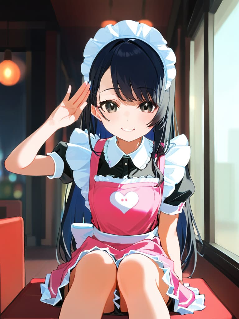  (super cute girl:2.0)(black hair color:2.0)(long hair :2.0)(black eye color:2.0)(smiling:1.5)(in cute maid outfit:2.0)(in shocking pink apron:1.5)(saluting:2.0)(from knees up:1.7) (正確な指の数:2.0)at entrance,masterpiece,high quality,super analysis,16k